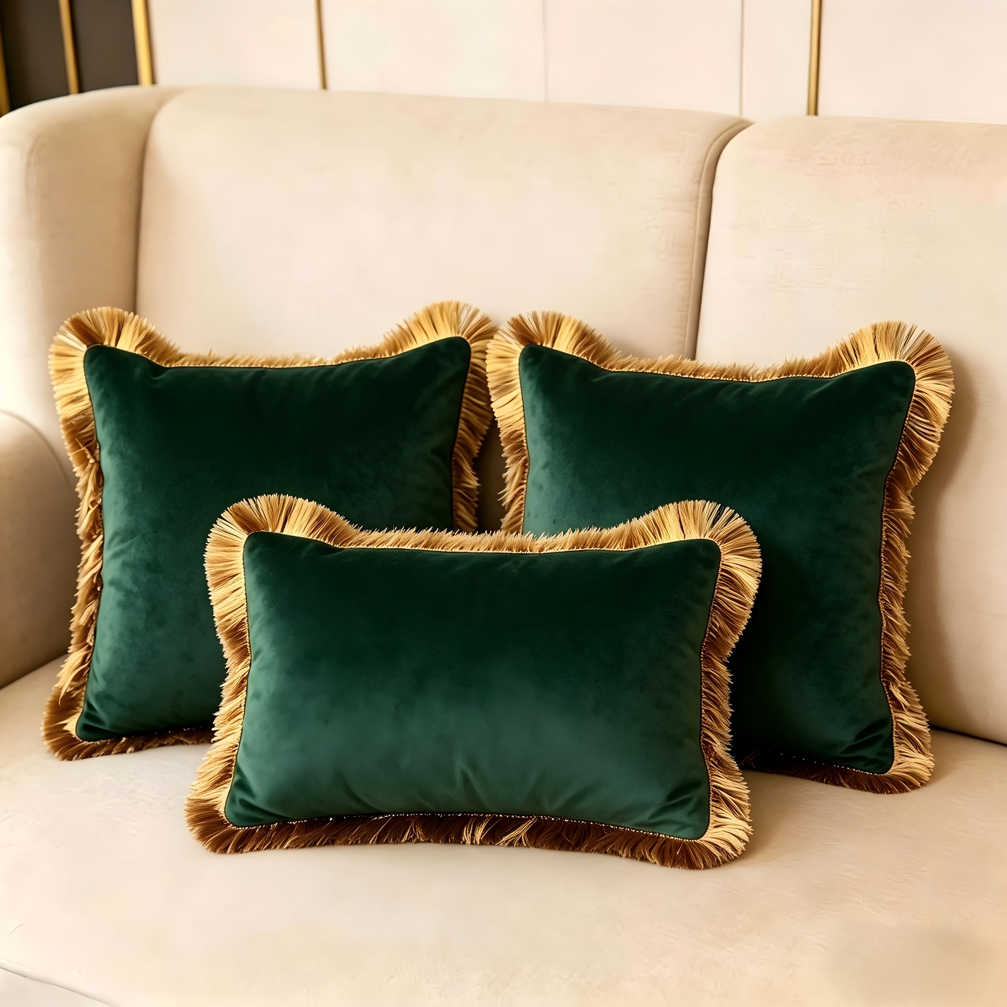 TEMU 3pcs Luxury Velvet Tassel Pillow Cover, Premium Retro Green With Golden Tassel, Sofa Pillow Cover With Waist Pillow Cover Combination 3pcs Set,