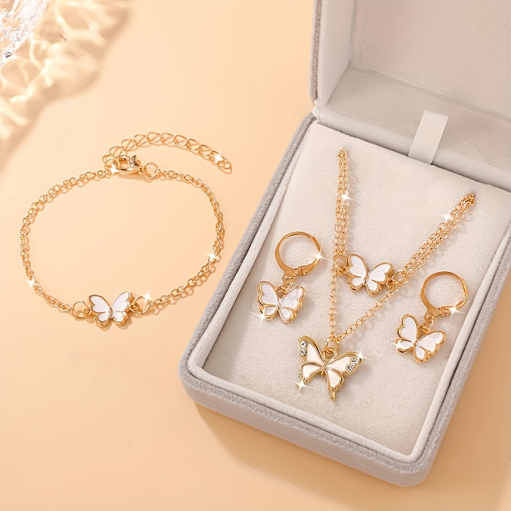 E-shop Luxuriöses Boho Chic 4-teiliges Schmetterling Schmuckset - Halskette Ohrringe Armband, für Hochzeiten, Verlobungen und besondere Anlässe