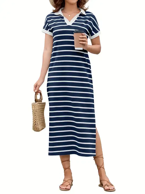 round neck stripe print high waist dress Summer Pure Cotton Round Neck Striped Print Loose Fit A-line Dress Babakud