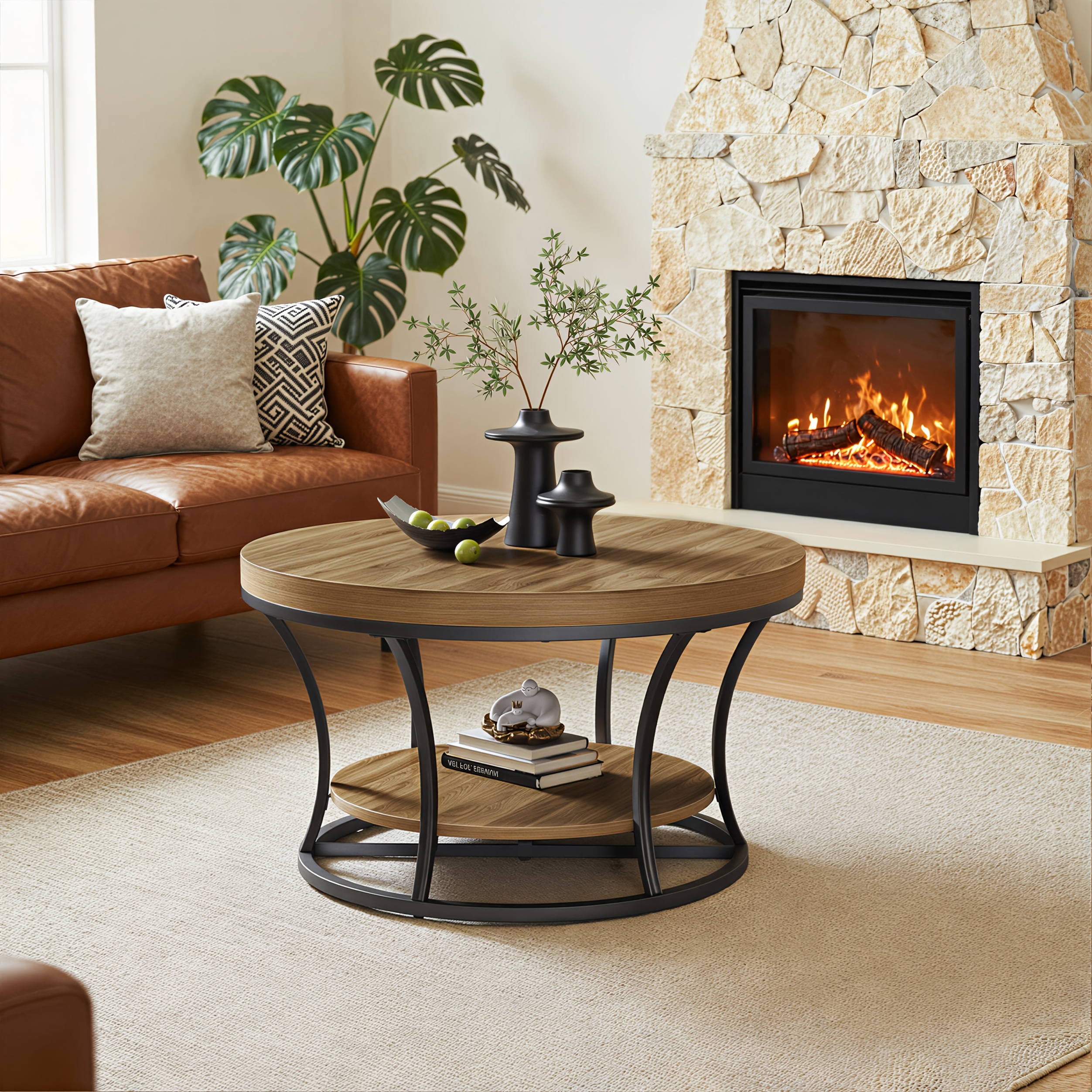 Image of Brown Double-layered Round Wooden Coffee Table | With Sturdy Metal Frame, Suitable For Living Rooms, Studies, And Offices, Made Of Wood And Metal