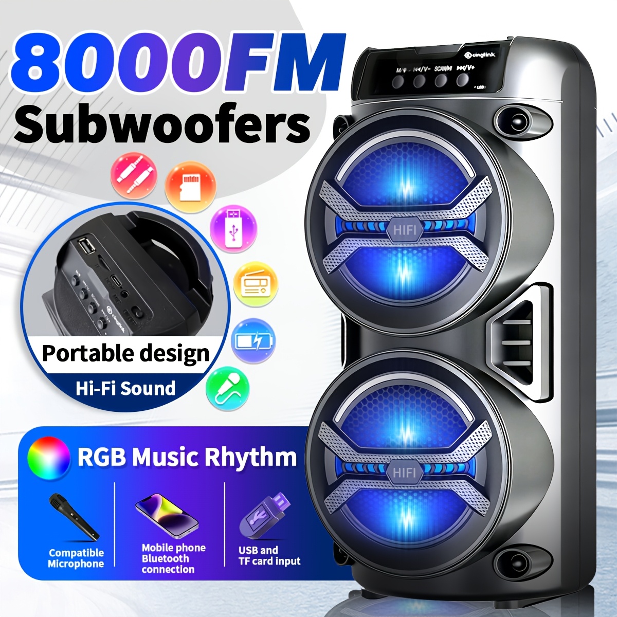 Image of 8000w Portable Outdoor Wireless Bluetooth Speaker Subwoofer Stereo Outdoor Supports Fm Radio, Led Colorful Lights With Microphone, Tf/fm Radio/usb/aux Suitable For And Travel