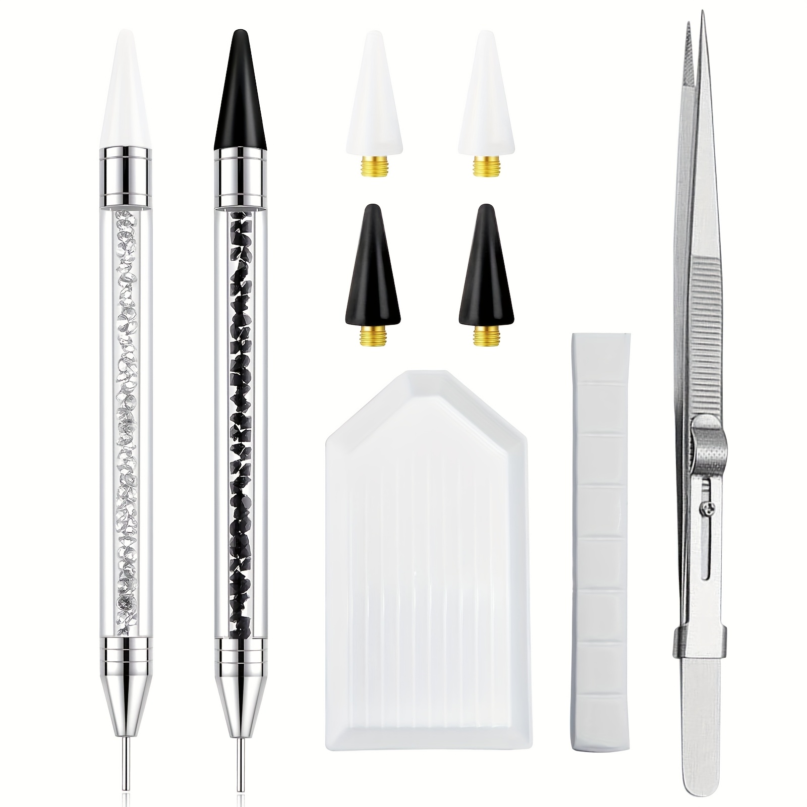 Image of Rhinestone Picker Tool - 2pcs Dual-head Pen With 4 Wax Tip, And Precision Jewelry Tweezers Kit For Pick Up Nail Art Synthetic Gemstones, Stone, Crystals And Nail Charms