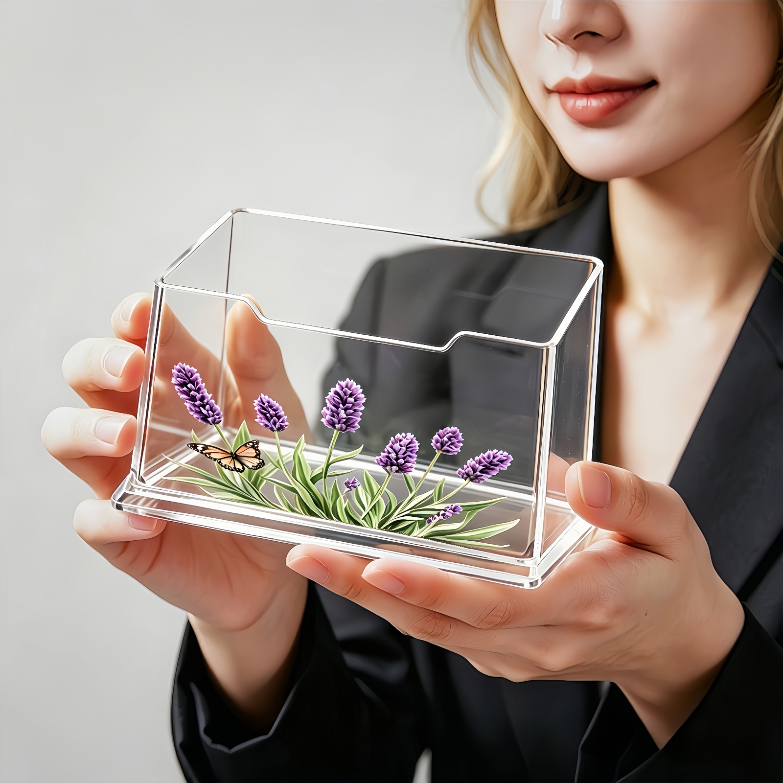 TEMU 1pc Transparent Desktop Organizer With Exquisite Pattern, Suitable For Business Cards, Cards, Ids And Other Desktop Storage
