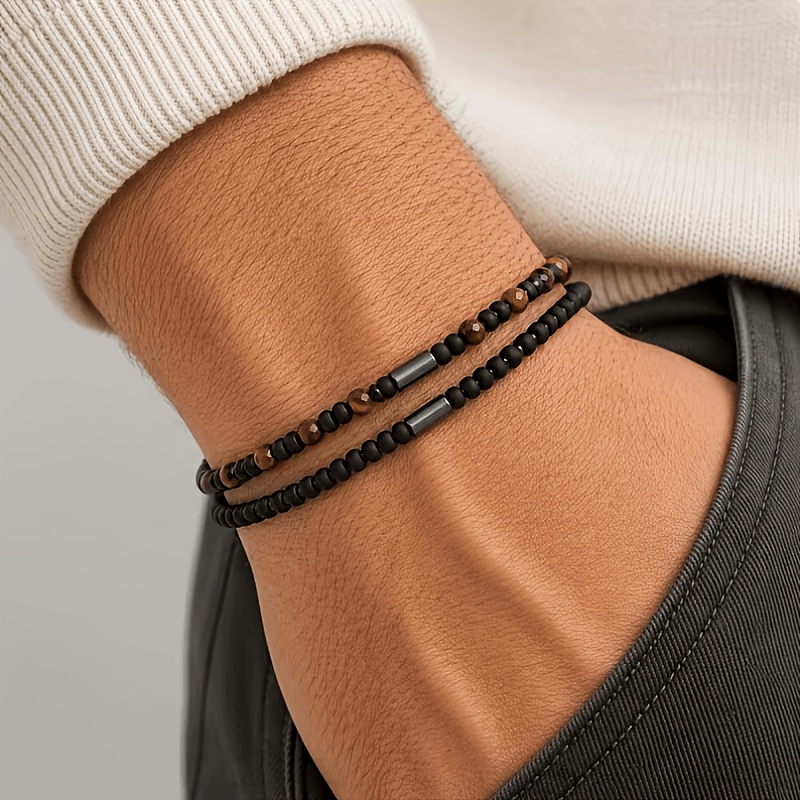 TEMU Bracelet 2 pièces/1 pièce, Bracelet en œil de tigre mate pour homme, Bijou polyvalent bohème de plage, Convient pour banquet, fête et , Cadeau