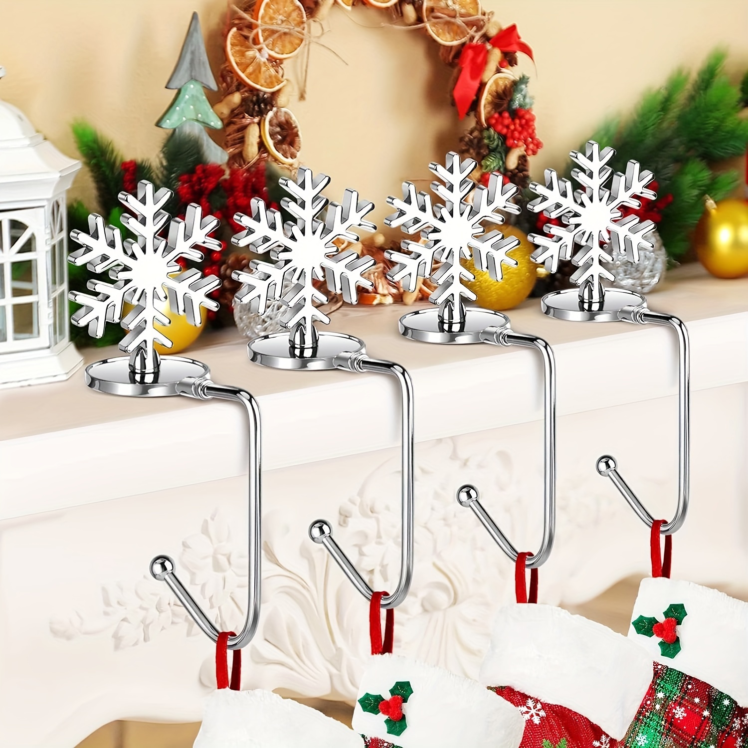 

4pcs Christmas For Mantle, Stocking Hangers Metal Hooks For Fireplace Christmas Party Decoration, Rotatable Fireplace Stocking Hangers Safety Hang Grip Stockings Clip For Christmas Decorations