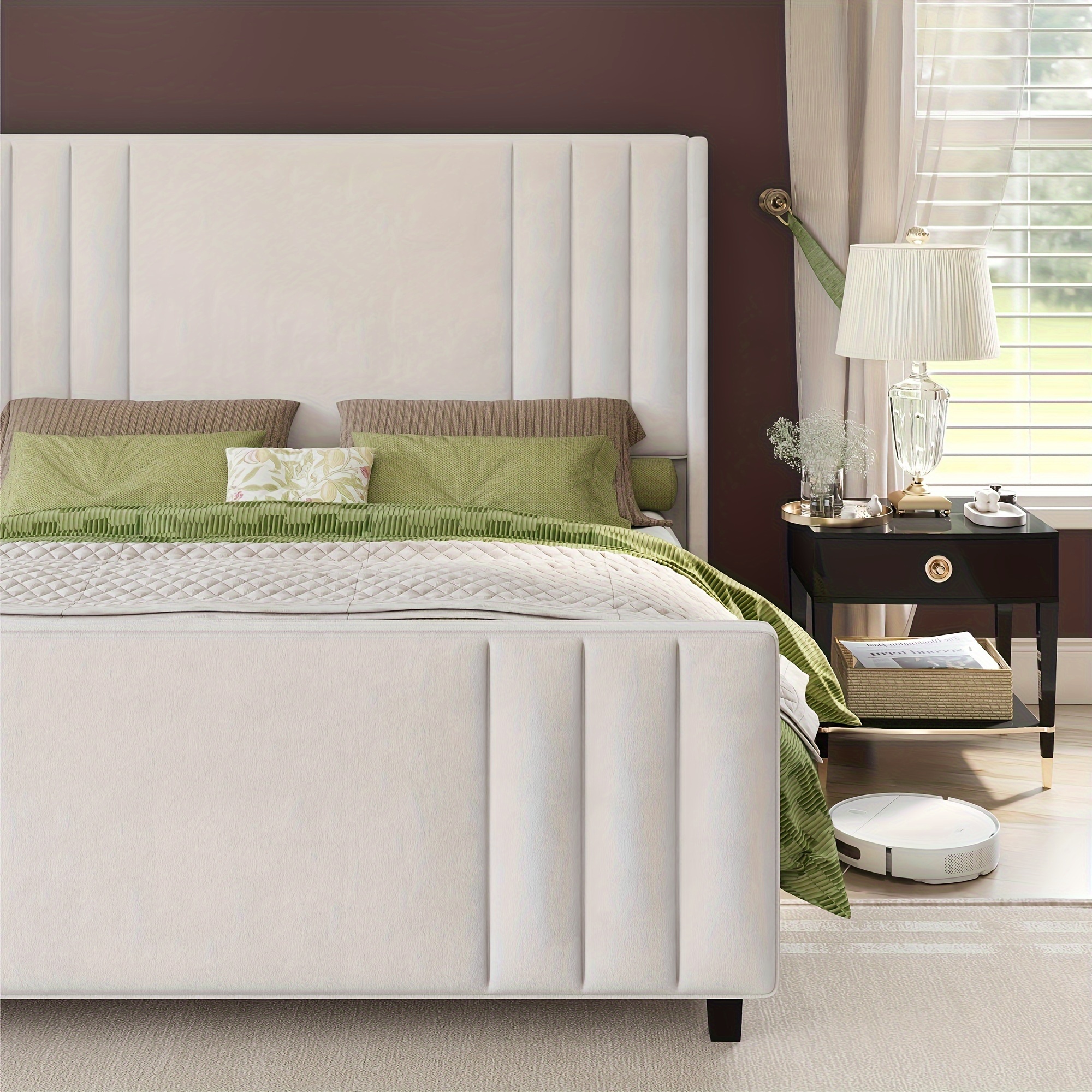 

Queen Size Bed Frame, Velvet Upholstered Platform Bed Frames Featuring A Vertical Channel Tufted Headboard And Footboard With Wingback Design, Wood Slats Mattress Support, No Box Spring Required Cream