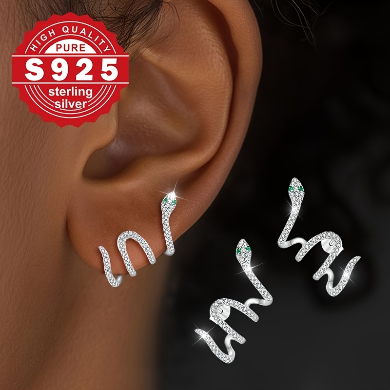 Image of S925 Sterling Silver Snake Earrings For Women - Exquisite Synthetic Zirconia Inlay, Hypoallergenic, Luxurious Party & Festival Jewelry