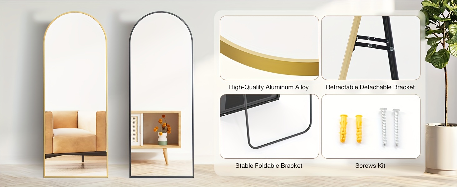 Arched Full Length Mirror with Free Standing & Leaning/Hanging Mount - Tall Vertical Oval Arch Design, Full-Body Mirror Suitable for Living Room, Bedroom, Cloakroom - Modern Simple Aluminum Frame Vertical Mirror