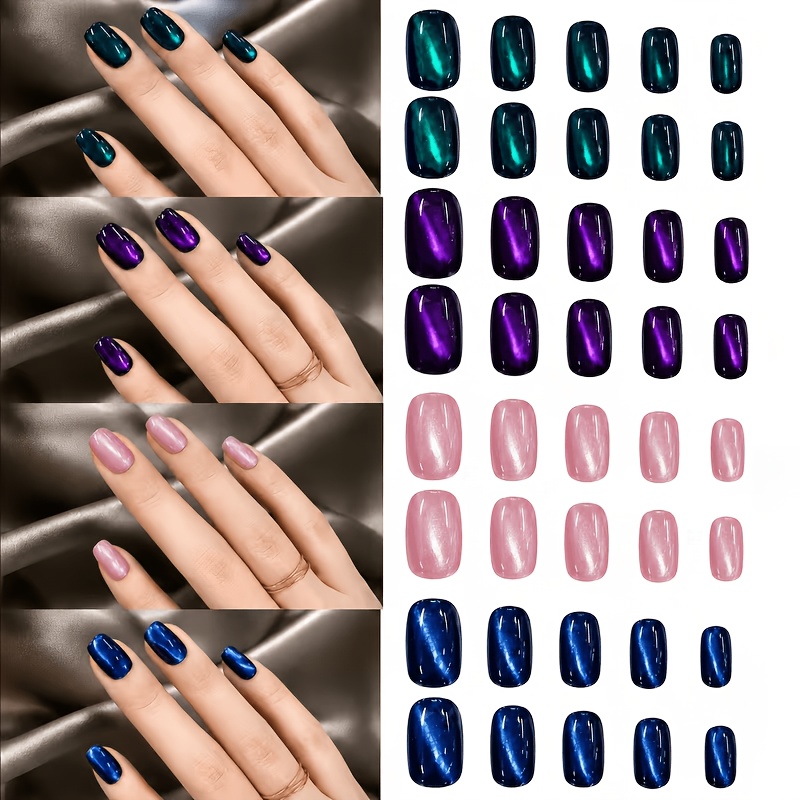TEMU 120-teiliges 4-Farben-Kombination Mehrfarbiges Katzenauge-Press-On-Nagelset, mit mehreren Farben einschließlich Pink, Blau, Grün Lila.