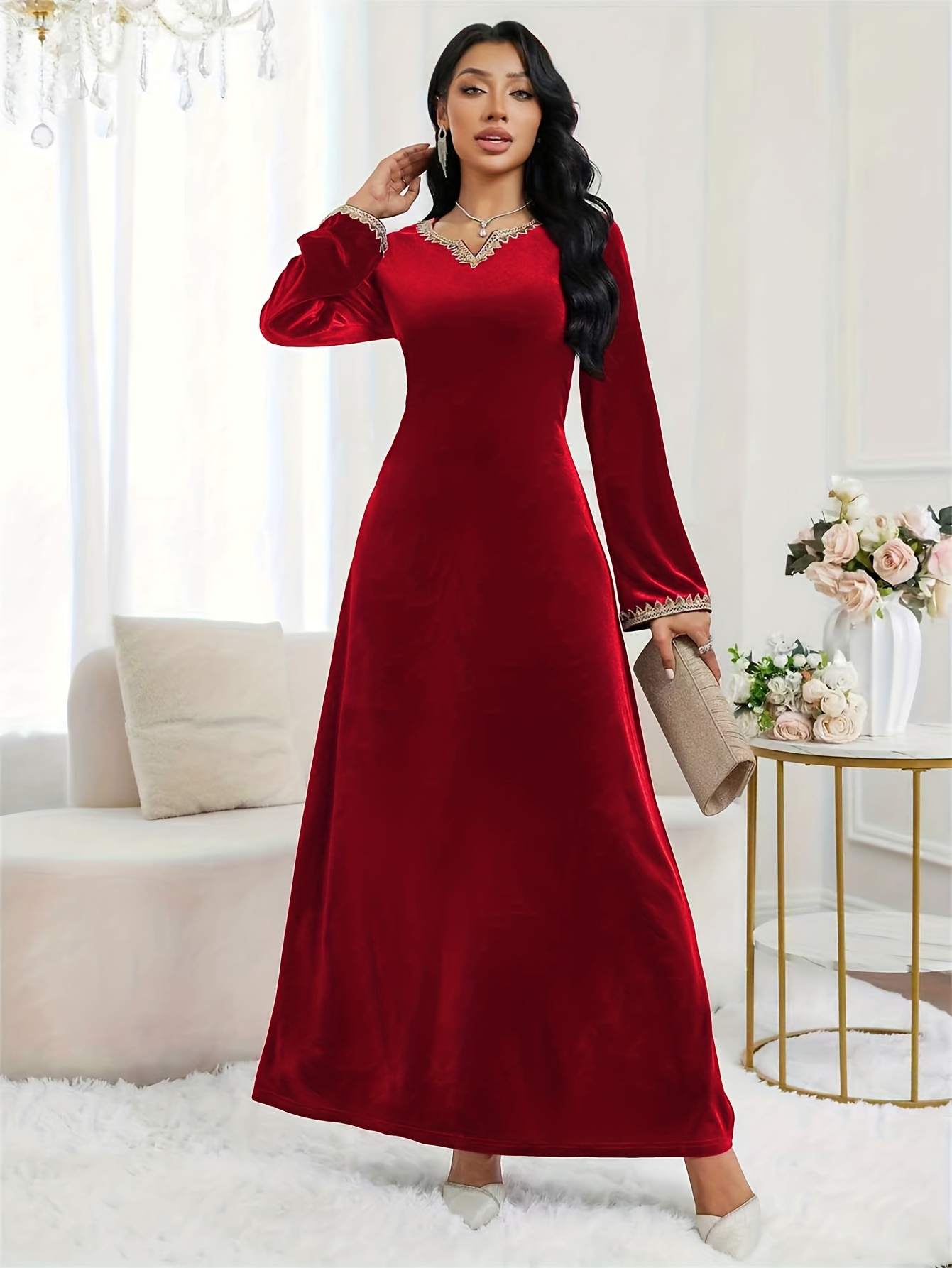 middle eastern wine red velvet v neck embroidered dress