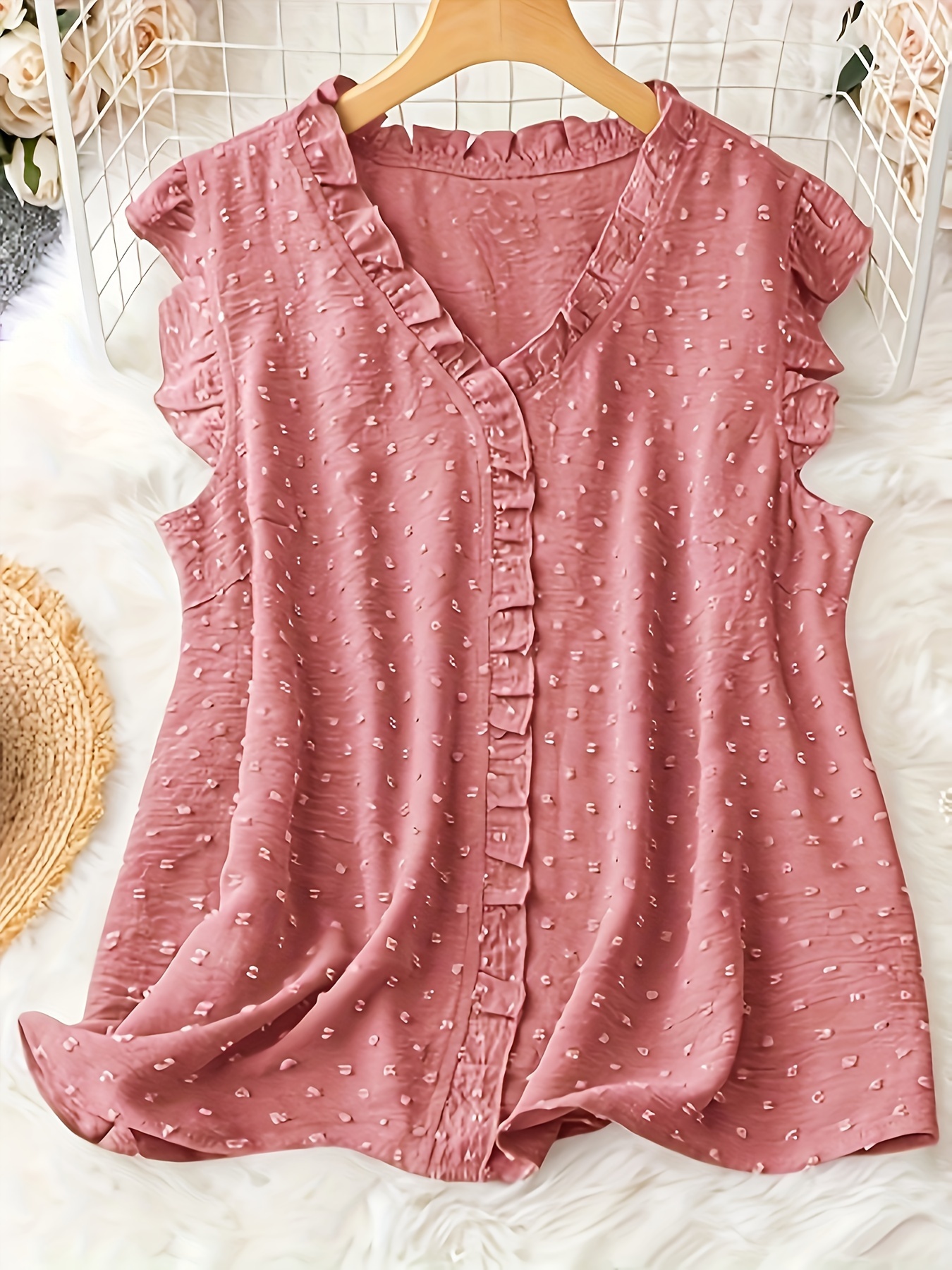 Plus Size Swiss Dot Blouse, Elegant Frill Trim Top For Summer, Women's Plus Size Clothing