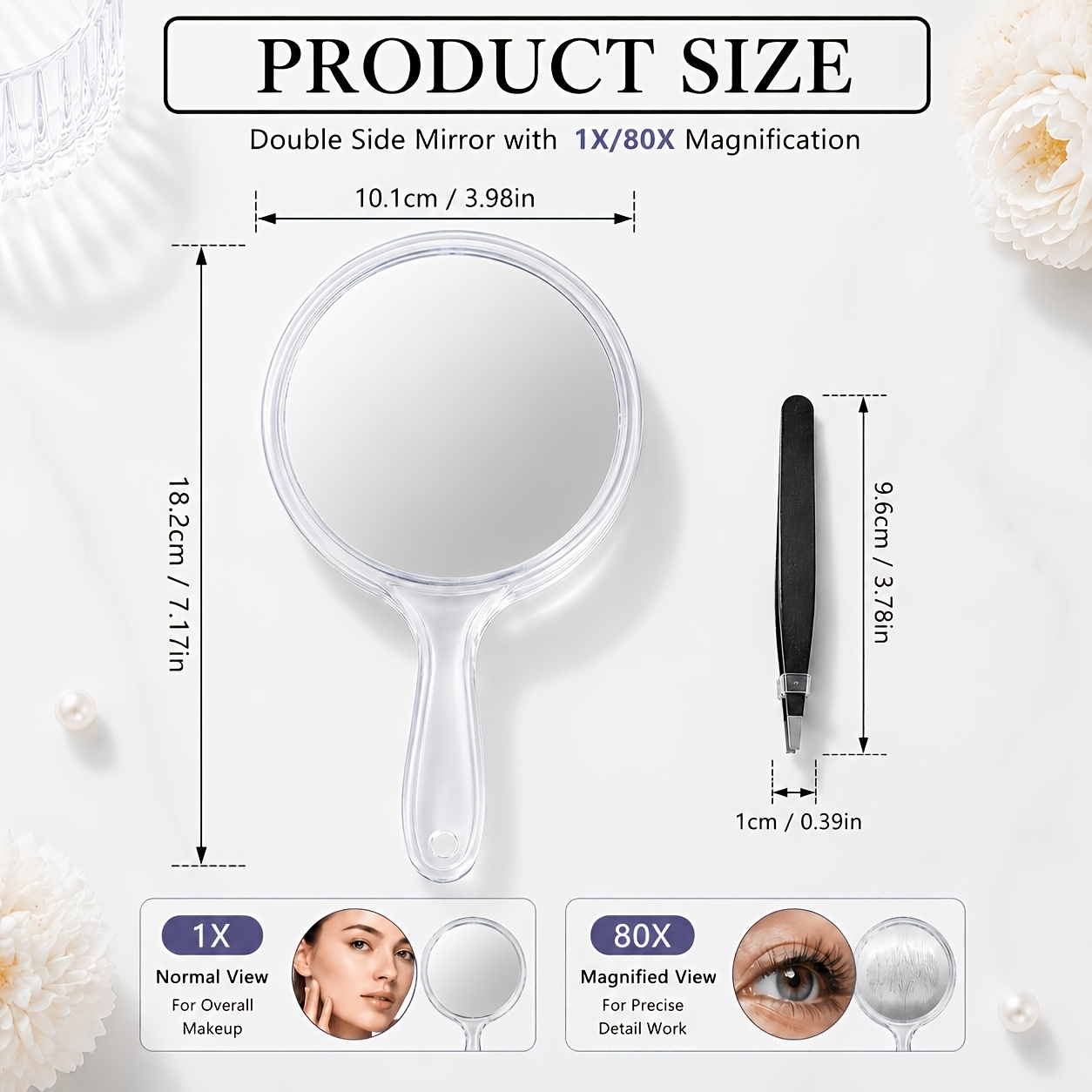 2pcs Portable Double-Sided Makeup Mirror & Tweezers Set