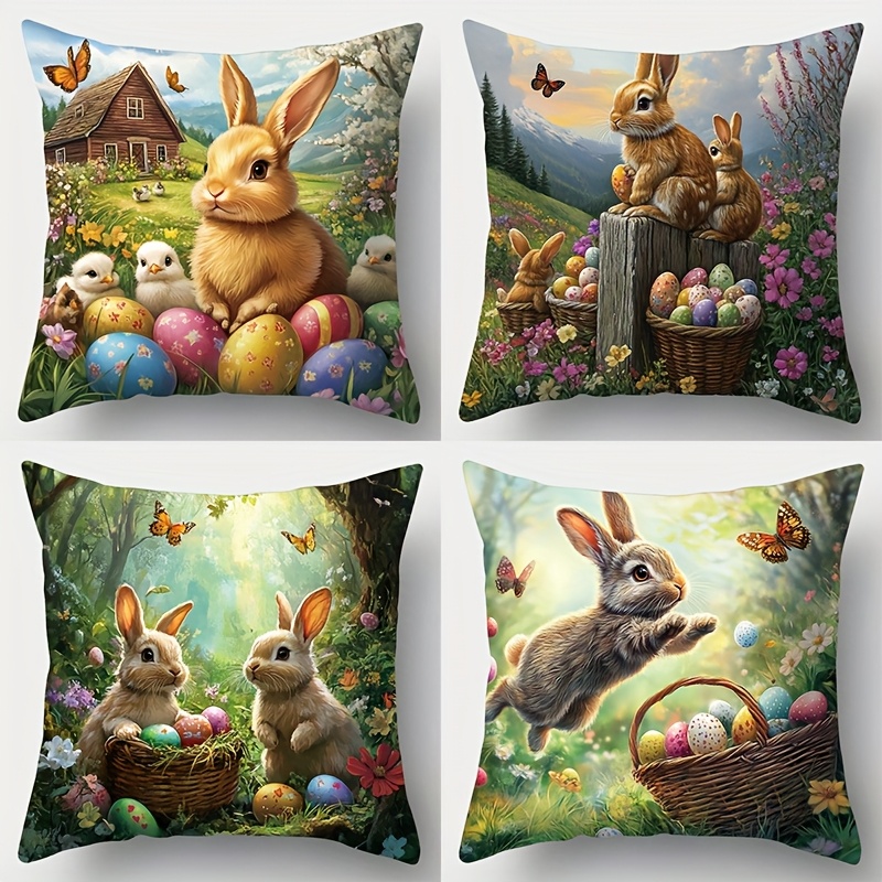 TEMU 4pcs Set, Easter Printed Pillowcase, Including Rabbit, Egg, And Other Patterns. Suitable For Room Decoration, Living Room Decoration, Sofa