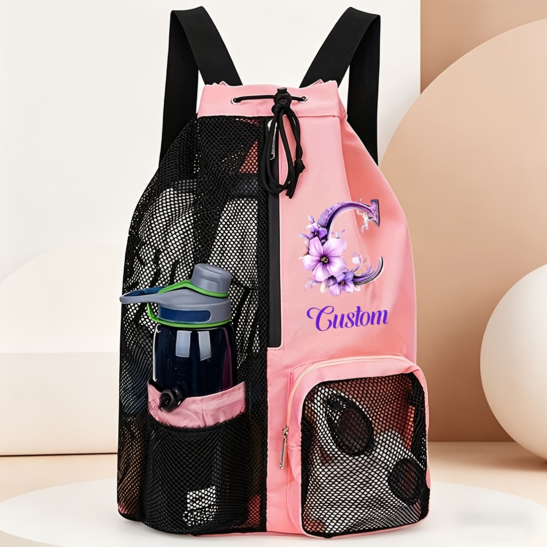 TEMU Custom Mesh Drawstring Gym Bag, 26-letter Print Storage Bag, Foldable Sports Bag, With Adjustable Drawstring, Quick-drying, Lightweight And