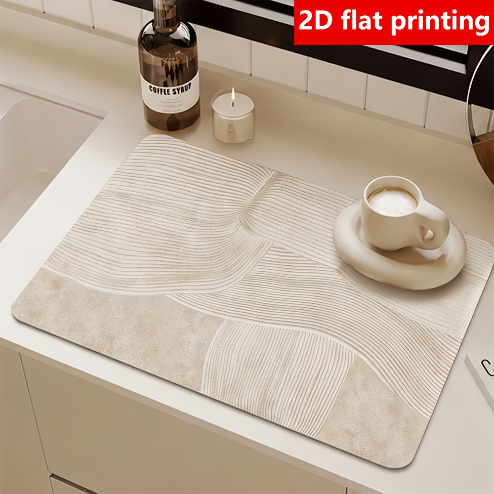 TEMU 2d Flat Printing, 1pc, Minimalist Abstract Line Cutlery Drying Mat/absorbent Placemat, Non-slip Rubber Bottom, Light Oatmeal Background With ,