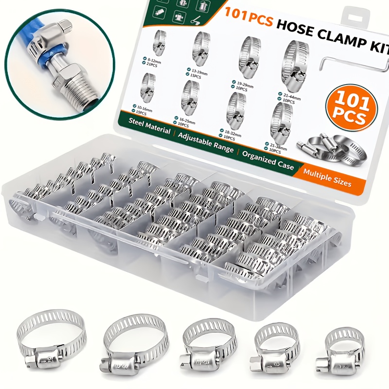 TEMU 101pcs 304 Stainless Steel Hose Clamp Kit, 8 Sizes Adjustable Worm Gear Clamps With Socket Wrench, Automotive Fuel Line Water Pipe Clamps