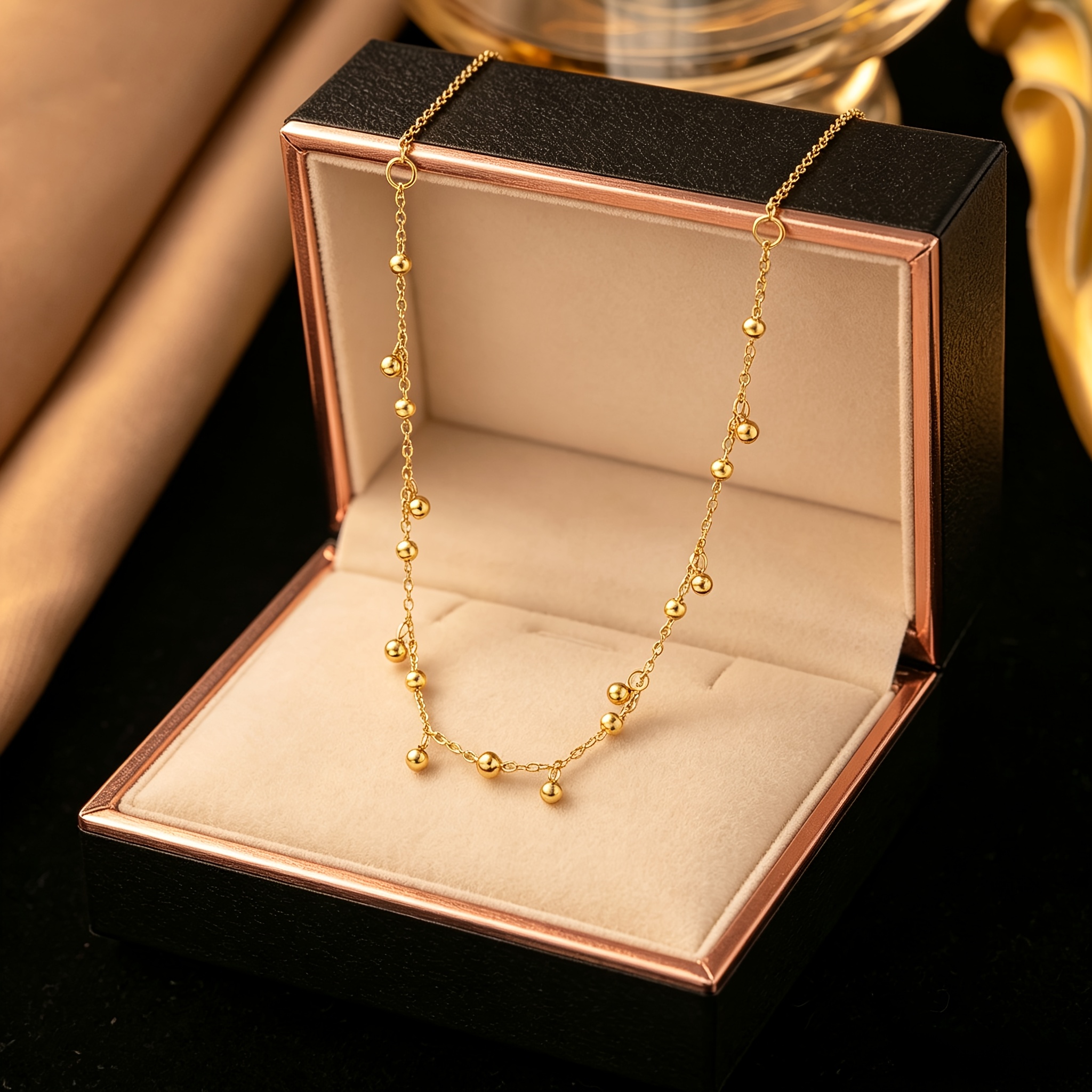 TEMU Collier à chaîne pour femmes en acier inoxydable 304 plaqué or avec goutte à multi-billes, collier à perles hypoallergénique ajustable pour