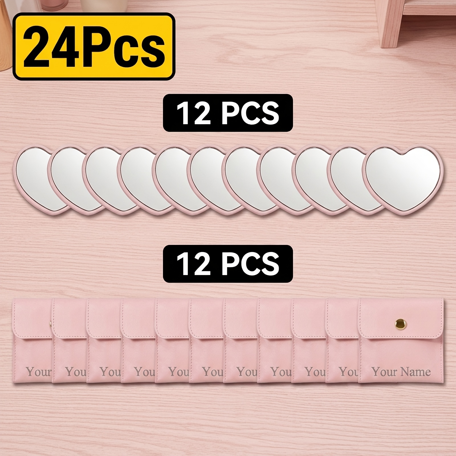 TEMU 24/10pcs Customizable Heart-shaped Makeup Mirror And Mini Makeup Bag Set, Portable Storage Pouch, Travel Toiletry Bag, Lipstick Jewelry