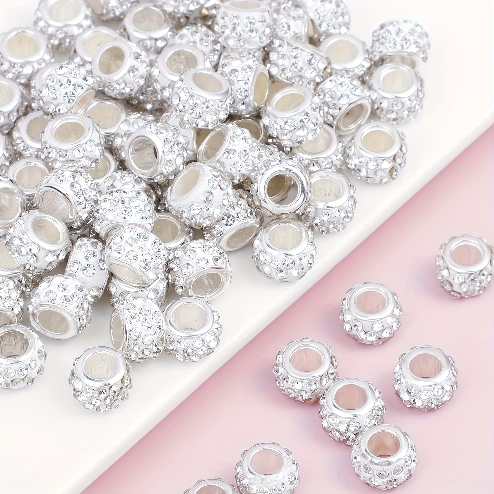 

50pcs Rhinestone Artificial Crystal Large Hole Spacer Beads, Polymer Clay Decorative Fashion Beads For Diy Charm Bracelet & Necklace Jewelry Making Craft Supplies