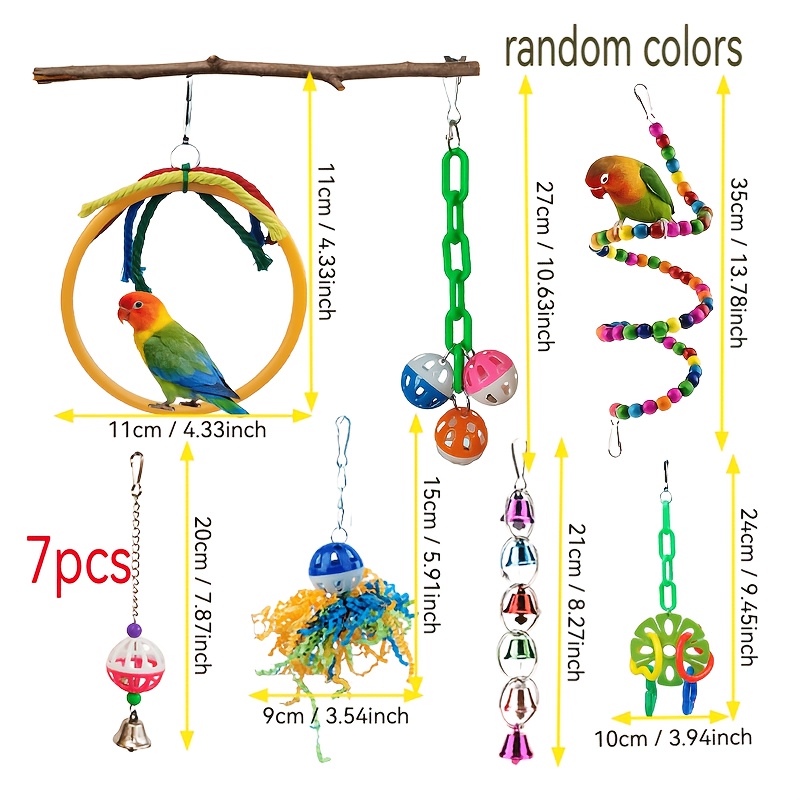 TEMU 7-in-1 Enrichment Bird Toy Kit Vibrant Hanging Chew Foraging Swing Bell Toys Boredom Trim Beak Cage Decor For Small Parakeets Conures Random