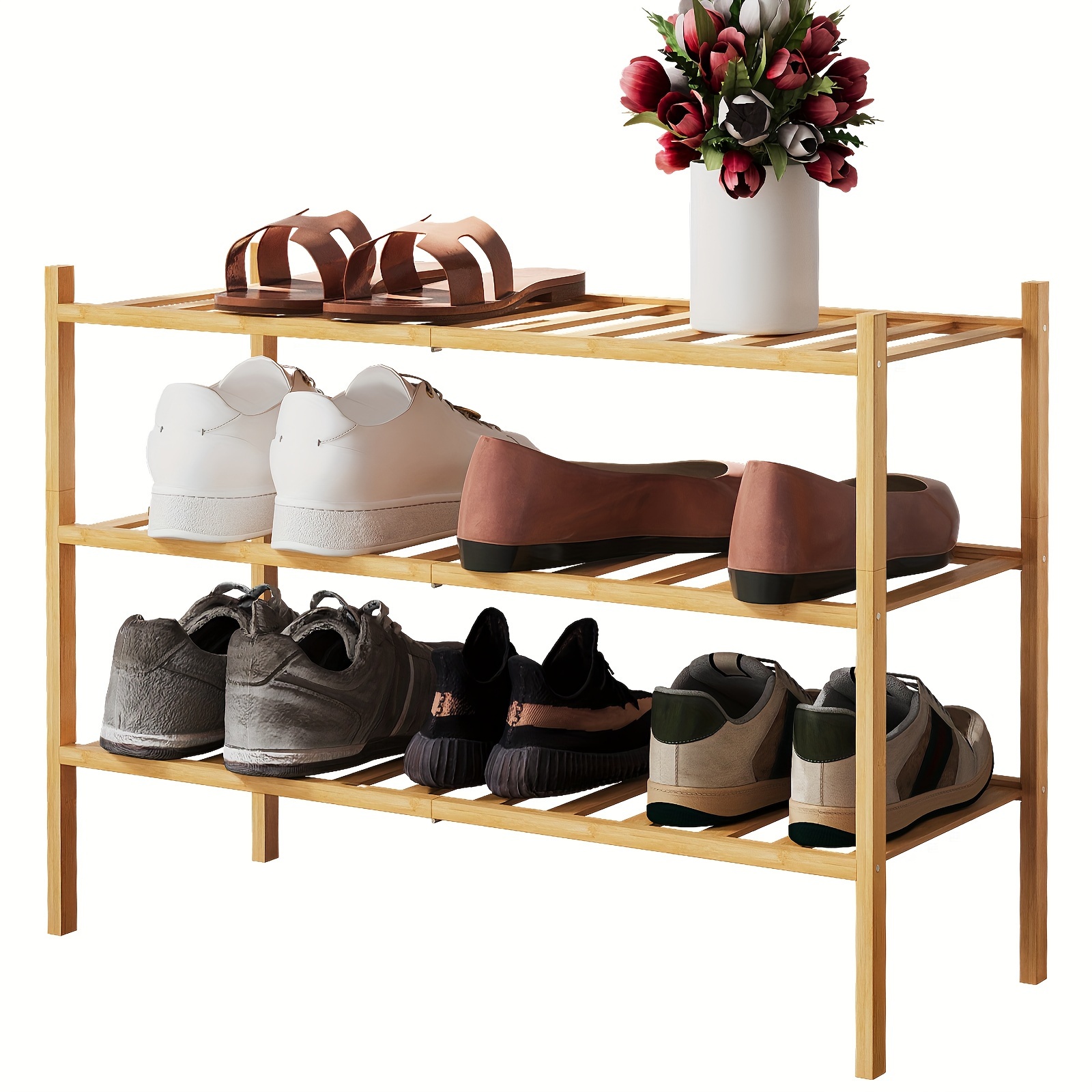 

Bamboo Shoe Rack 3 Tier - Premium Stackable Shoe Organizer For Entryway, Living Room, Closet, Hallway, Bathroom, Balcony, Durable Shoe Shelf Holder For Neat Shoe Storage, Standing Shoe Racks