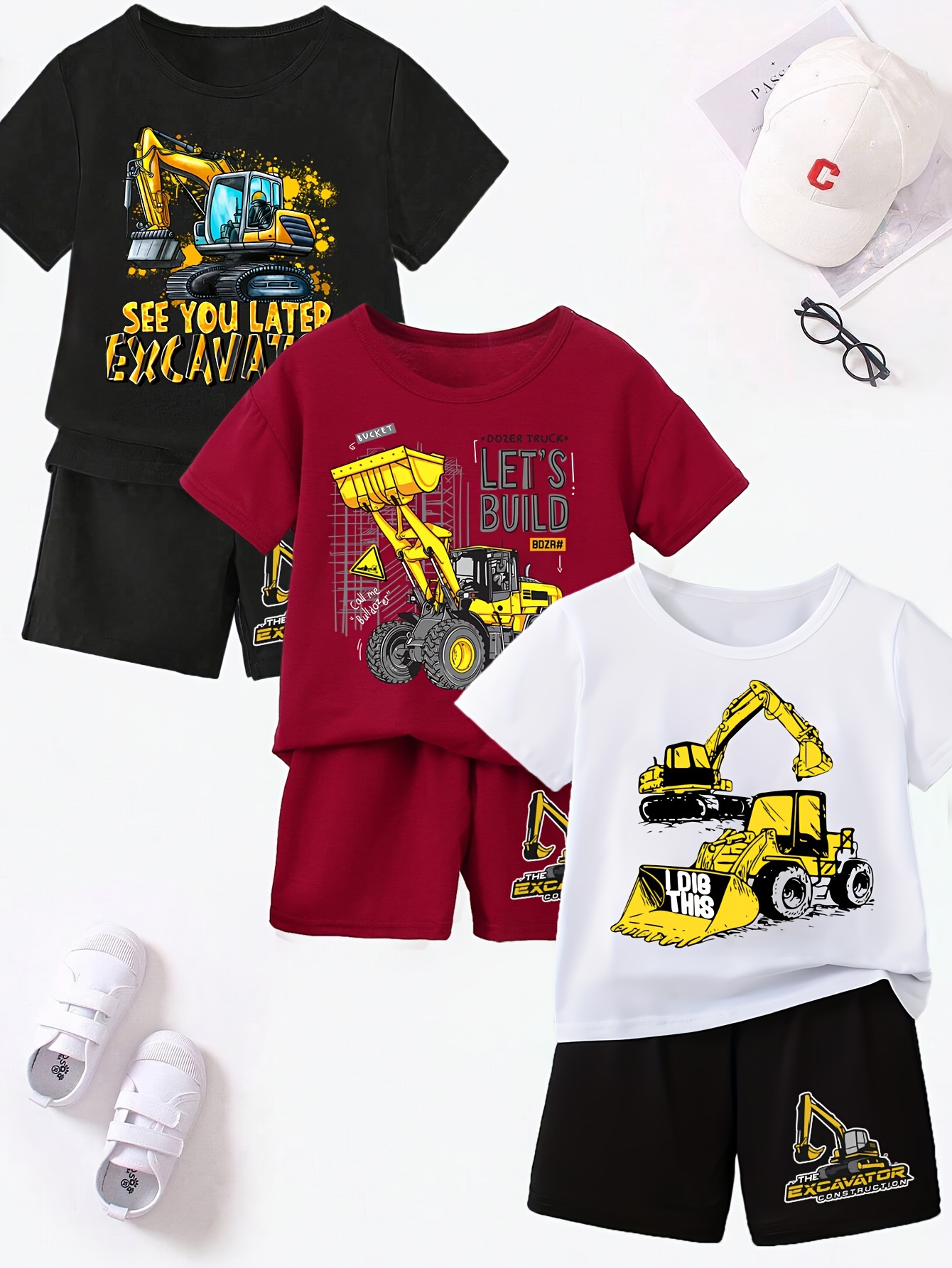3 Sets of Shorts and T-shirt Sets for Boys, Summer Fashion Shorts and Short Sleeve Sets, Multi-Packs, Excavator Series Print, Children's Cute Short Sleeve T-shirt and Shorts Casual Sets