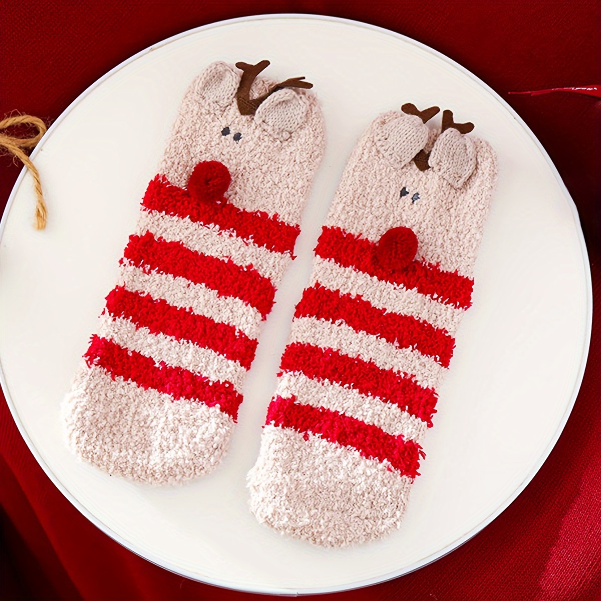 

Cozy Coral Fleece Christmas Socks For Women - Warm, Plush Striped Floor Socks With Cute Reindeer Design, Gift