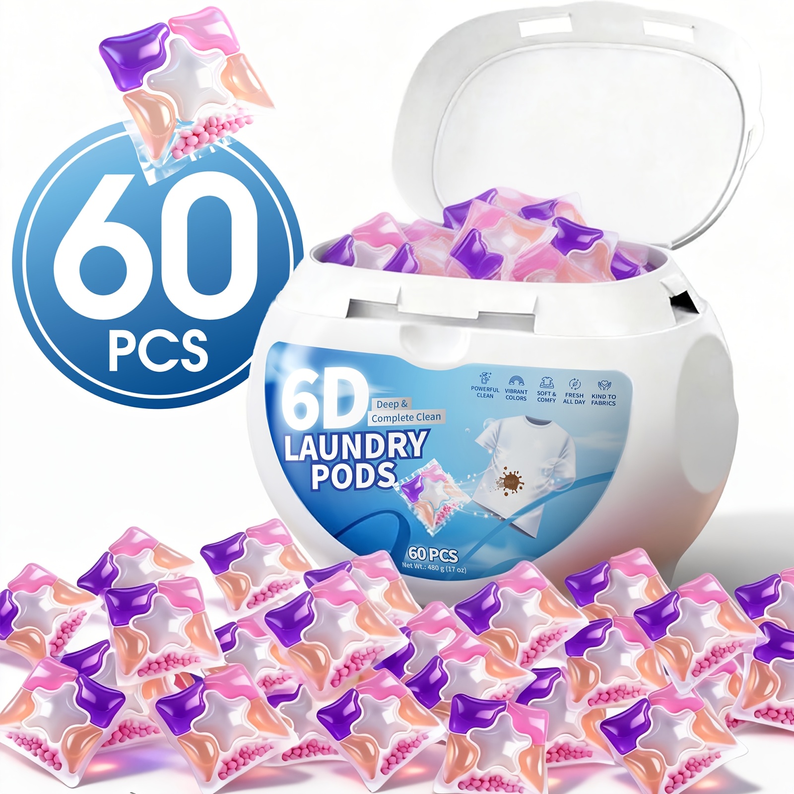 480g 60pcs 6 in 1 laundry pods concentrated deep clean tough stain removal   long lasting fragrance   no residue he compatible       brand