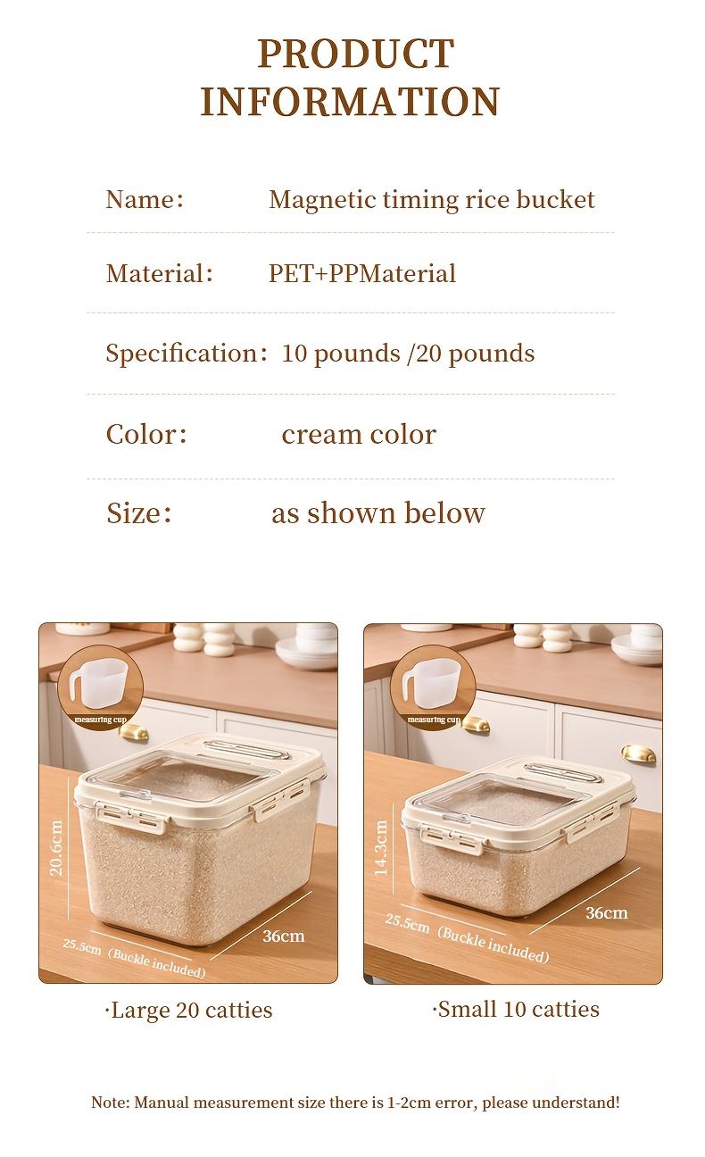 2 sizes airtight food storage containers set 5kg 11 02lb 10kg 22 05lb transparent plastic grain dispenser with measuring cup moisture proof and insect resistant for rice   flour pet food hand wash reusable square with magnetic closure for kitchen use Product details 17