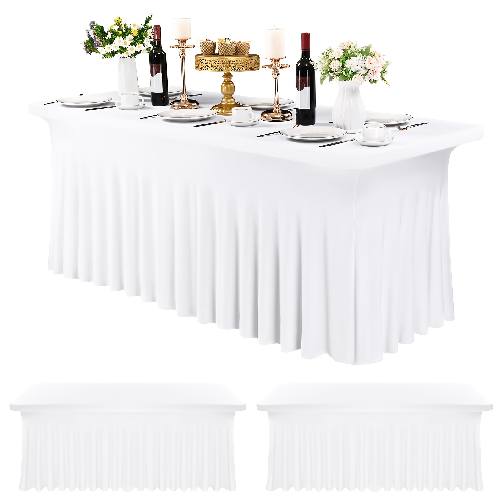Teruntrue 3pcs Spandex Tablecloth, Suitable For 6-foot Rectangular Dining Tables, White Elastic Anti-wrinkle Tablecloth With Skirt, For Banquets And Salon Occasions.