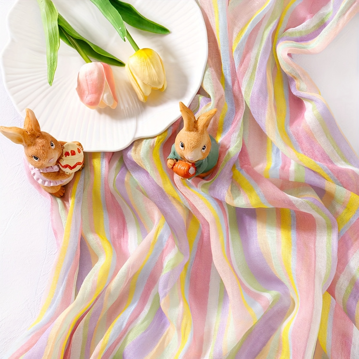 Image of Easter Table Runner Striped Cheese Gauze Fabric 118 Inches (approximately 300cm) Bohemian Country Cheesecloth Napkin Suitable For Wedding Party Bridal Shower Decorations Holiday Decoration
