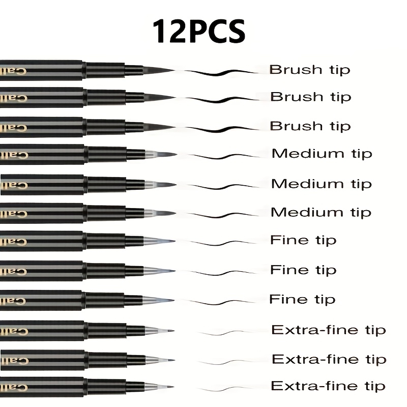 TEMU 12pcs (3pcs Per Pack) Calligraphy Brush Pens - & Hard Tip Fine Suitable For Beginner Writing, Art Painting,, Non-smudge Ink, 4 Sizes With