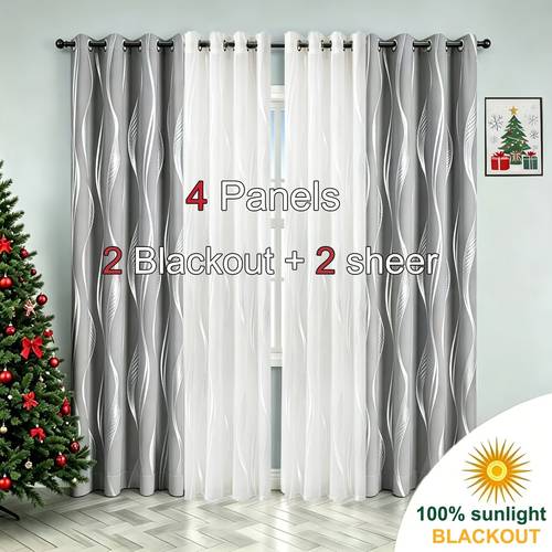 item picture 4pcs set 2pcs 100 blackout fashion set curtains and 2pcs heat set sheers punch and hang style blackout heat insulation sun protection privacy protection protection suitable for new year christmas bedroom living room