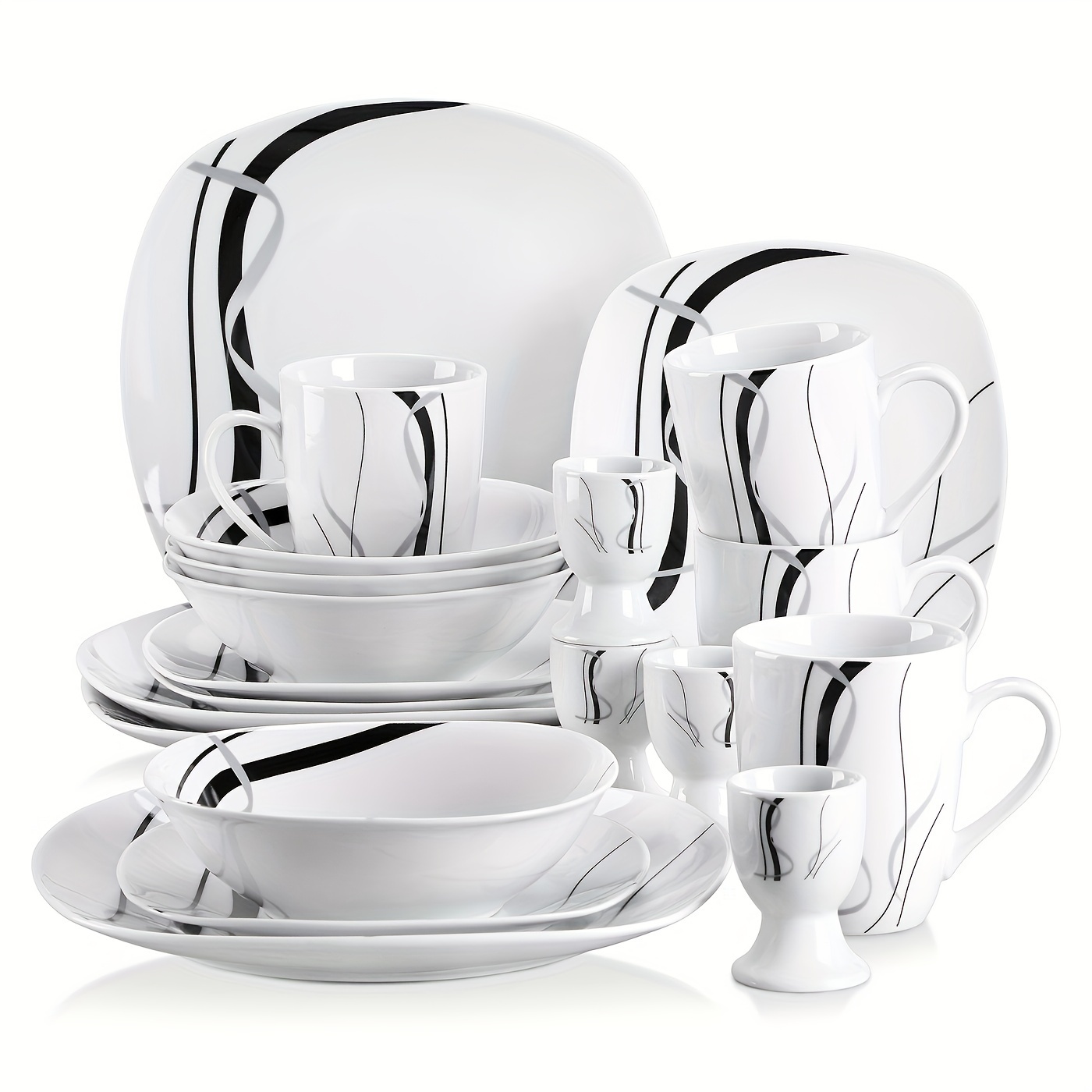 E-shop 20-teilige Geschirrset für Vier, inklusive quadratischer Teller, Schüsseln, Tassen und Eierbecher, alles in einem weißen Design