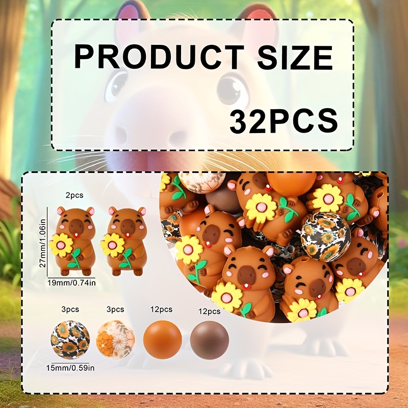E-shop 33 Stück Niedliche 3D Cartoon Blumen Capybara Silikonperlen, , Perlen für Schmuckherstellung, für Armbänder, Perlen Stift Zusätze,