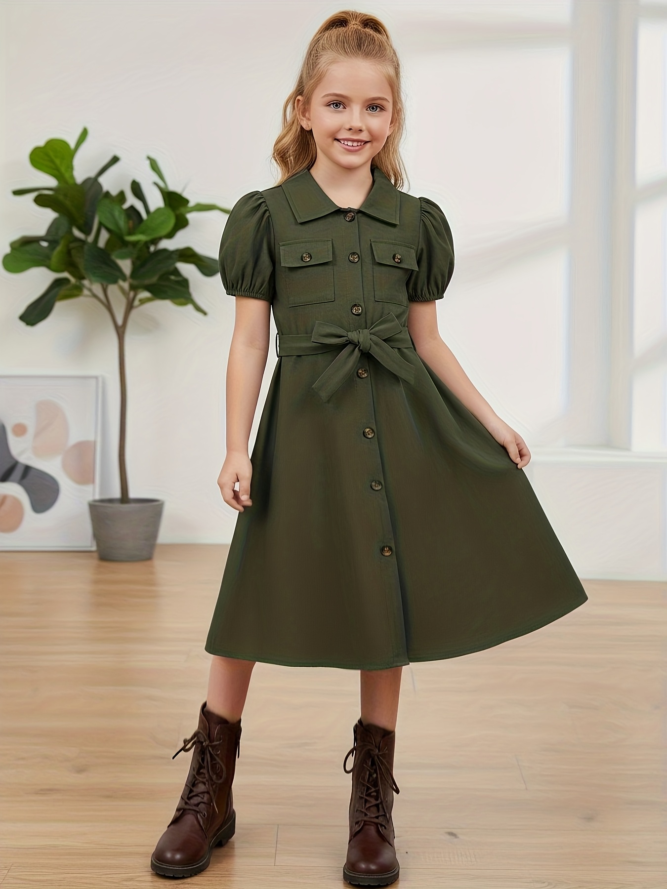 chic army green button-decor strap sleeveless dress for tween girls -  vintage-inspired, 100% polyester, machine washable - spring/fall, formal  dresses for tween girls | Shop On Temu And Start Saving | Temu
