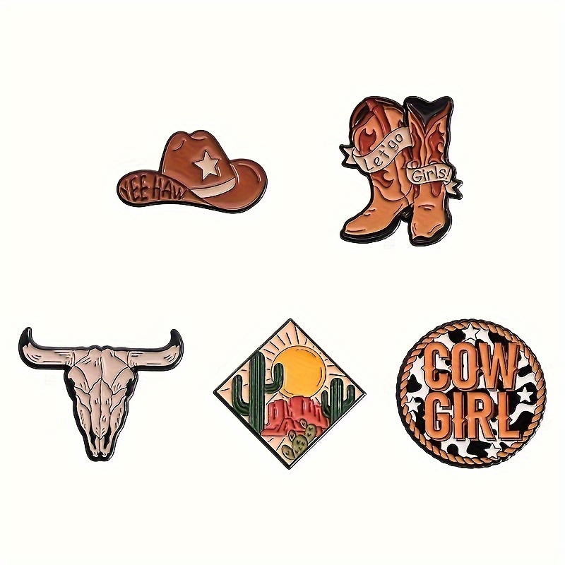 Image of 5pcs Western Cowboy Hat, Boot Hat, Metal Badge, Enamel Pin, Alloy Drip Oil Brooch, Clothes, Backpack Accessories, Accessories, For Gifts