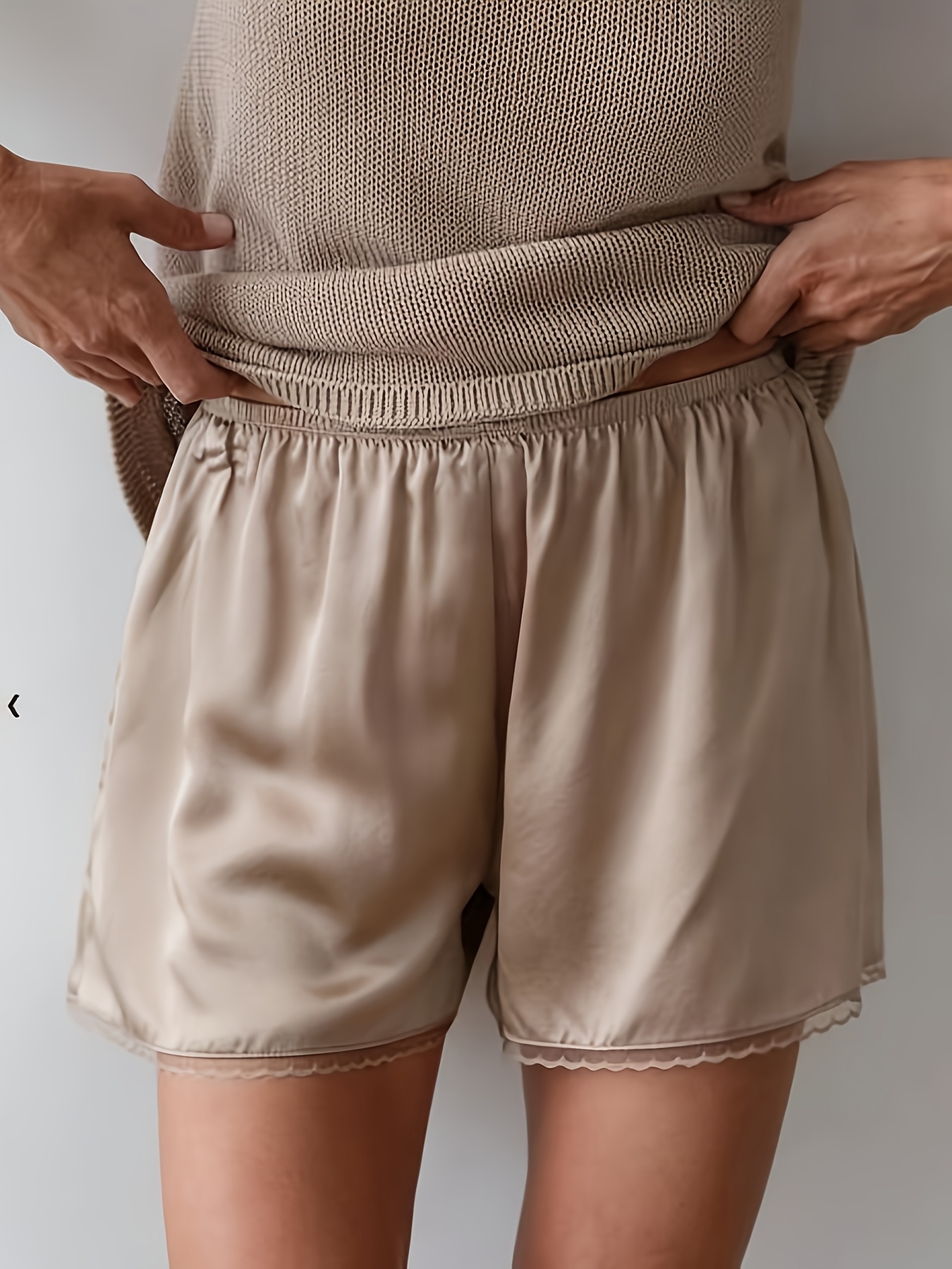pantalones cortos casuales de mujer para  /verano con cintura   elástica, adorno de encaje, pantalones de    , versátiles para uso en casa,  , agradables  , pantalones cortos de pierna ancha con caída hw915