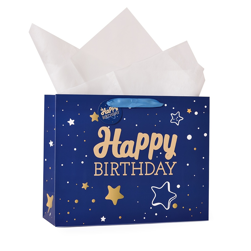 TEMU 1pc Blue Gift Bag With Tissue Paper And Greeting Card For Birthday, Party, Happy Bithday Gift Bag For Men Women Birthday