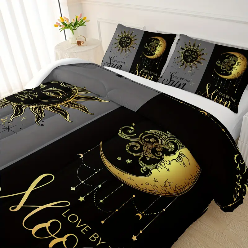 3 pcs couple comforter set sun and moon themed printed bedding queen and king comforter set for adults elegant and comfortable down comforter set 1 comforter 2 pillowcase without core Product details 5