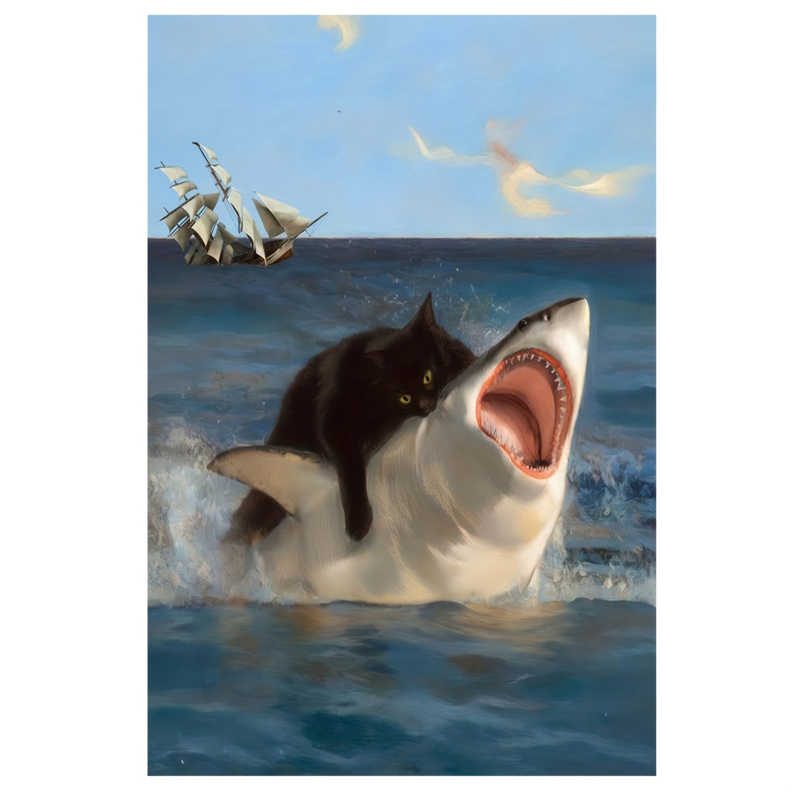 E-shop 2D Flach, [2D Flach] Rahmenlose Leinwand-Wandkunst – Humorvolles Katzenhai-im-Ozean-Poster, 30,48x45,72cm, für den Innen-/Außenbereich, moderne