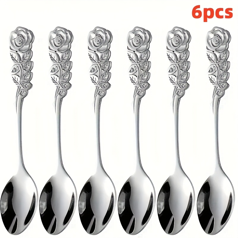 6pcs Exquisite Rose Handle Coffee Spoons, High-quality Stainless Steel Teaspoons, Elegant Floral Ice Cream Scoops, Cute Spoons For Home Kitchen, Coffee Shop, And Restaurant Use