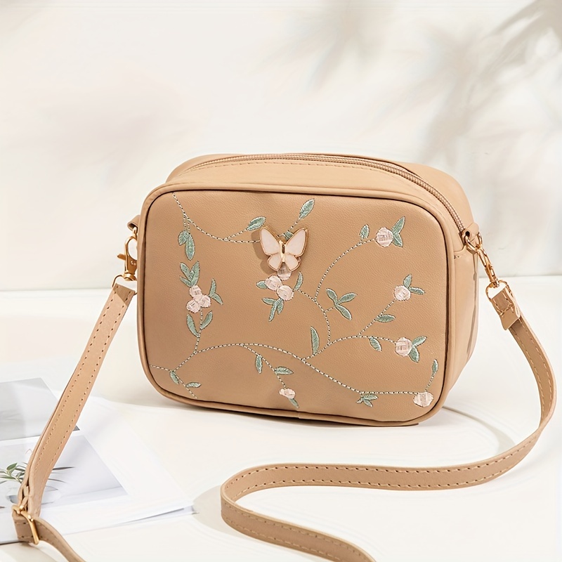 TEMU Fashion Casual Embroidered Shoulder Camera Bag 2024, Lightweight Crossbody With Adjustable Strap, Zipper Closure, Polyester Lined, Tape For Daily