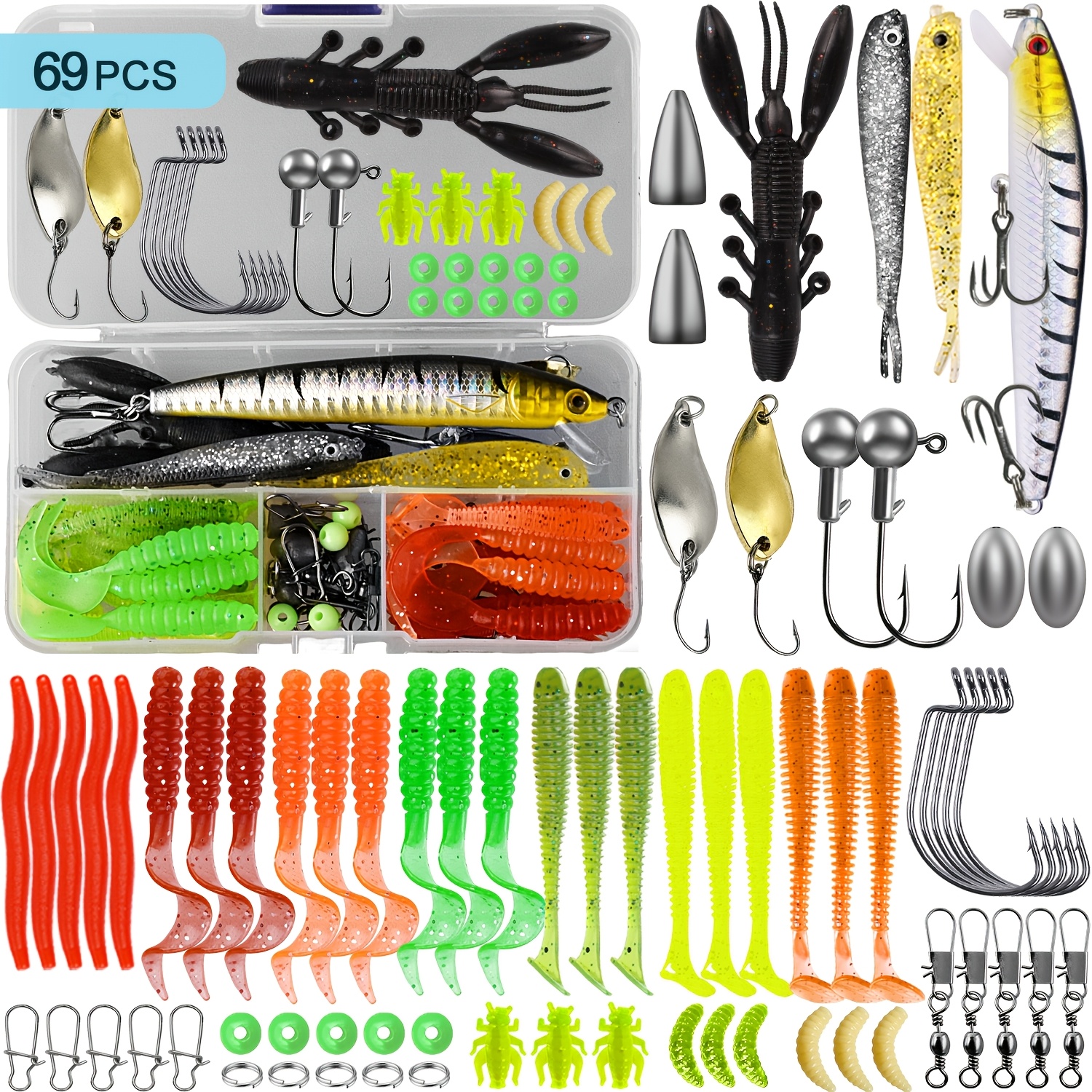 TEMU 69/109/213pcs Freshwater Lure Fishing Kit, Trout Salmon Fishing Accessory Set, Including Spoon-shaped Lures And Soft Plastic Worms In A Tackle