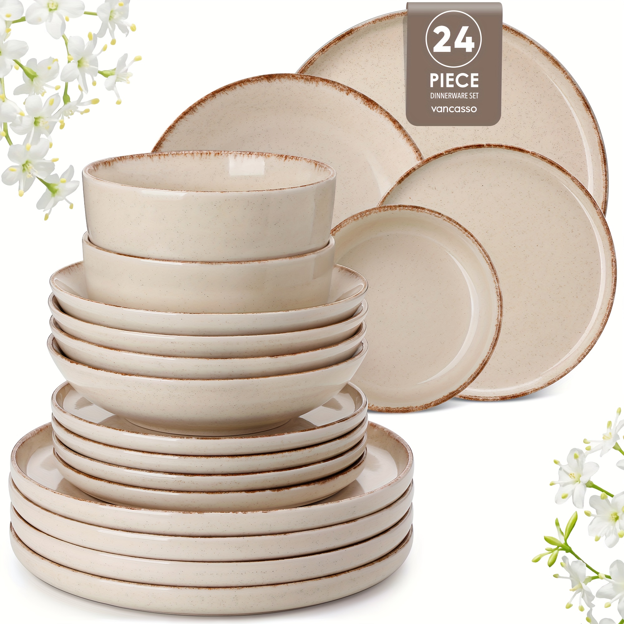 Image of 24pcs Dinnerware Set Beige Stoneware Sesame Glaze Plates And Bowls Set Tableware, Including Dinner Plates, Dessert Plates, Soup Bowls And Cereal Bowls Service For 6