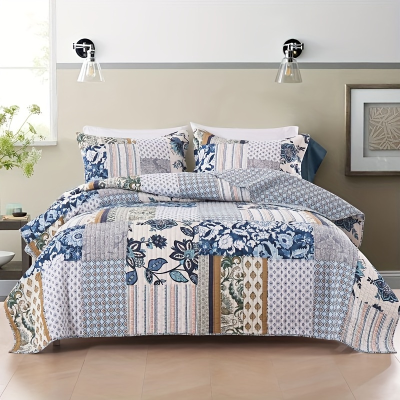 Blue and Sage Floral Patchwork Cotton Quilt or Pillow Sham