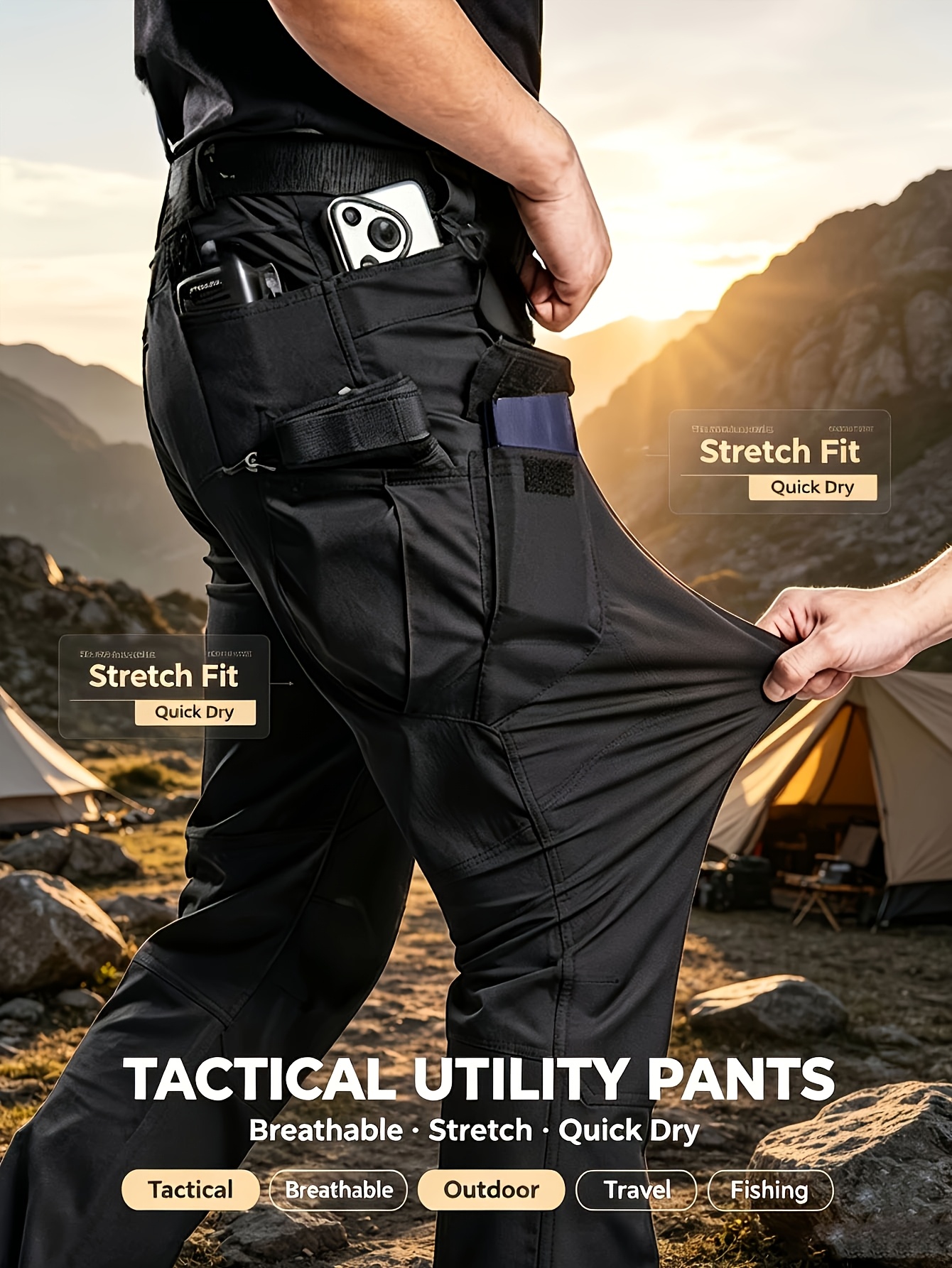 Pantalones largos de verano para hombre, elásticos y de secado rápido, 10 bolsillos, tela resistente al desgaste, multiusos, pantalones cargo para exteriores, aptos para: exteriores/ciclismo/pesca/viajes/senderismo