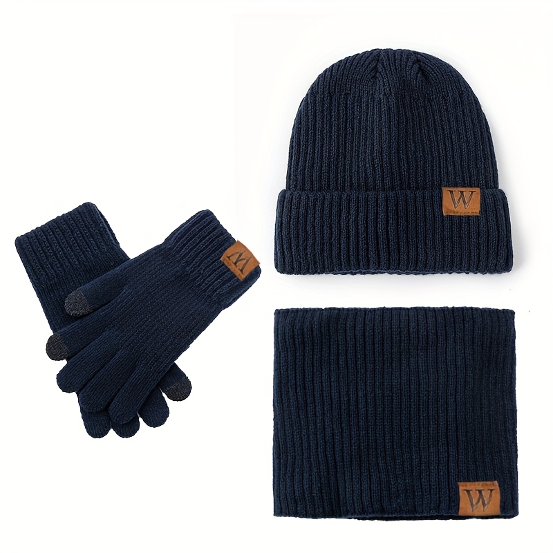 TEMU Ensemble 3 pièces Chapeau Tricoté Lettre W Écharpe Gants Automne et Hiver Haute Élasticité Épaississement Chaud Protection des Oreilles Chapeau