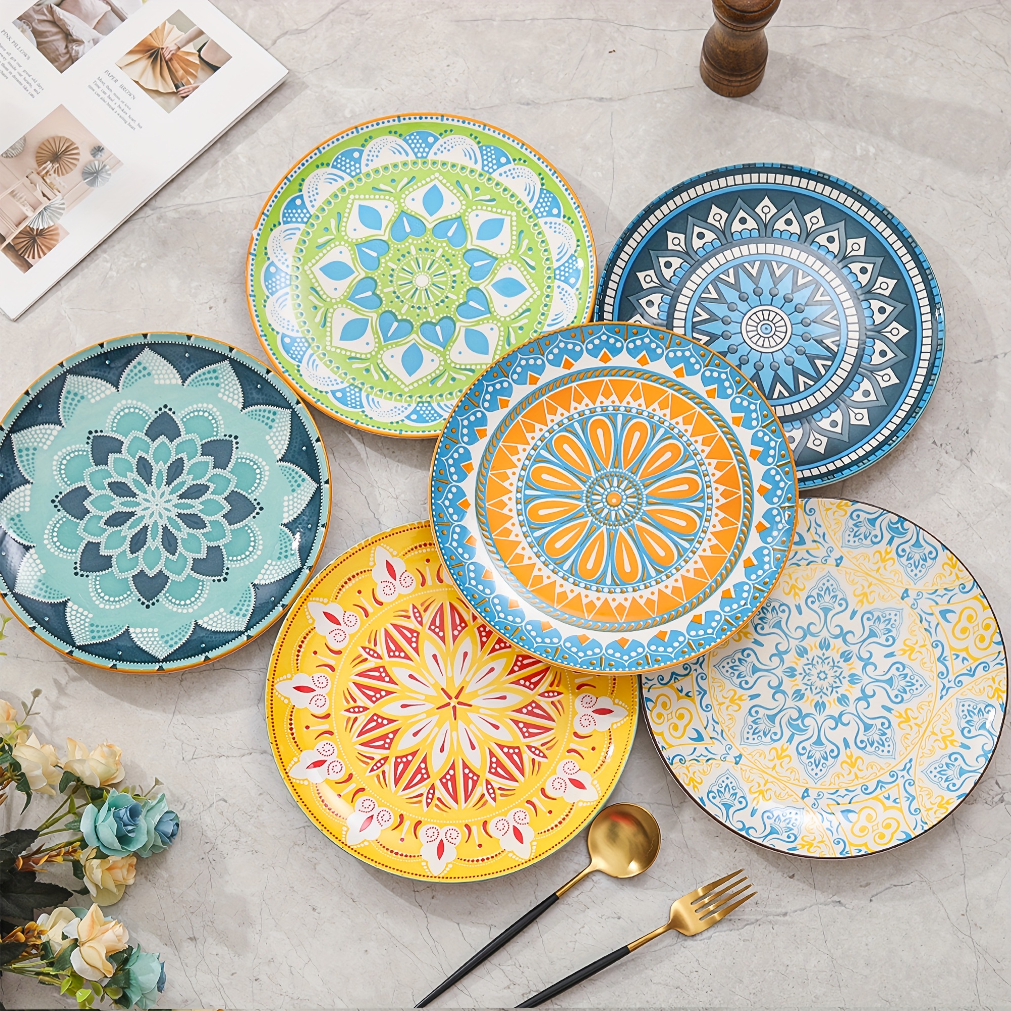 6-teiliges Bohemian Keramik Teller Set - Flache Bunte Muster Essbestecke für Küche, Familie, Restaurant