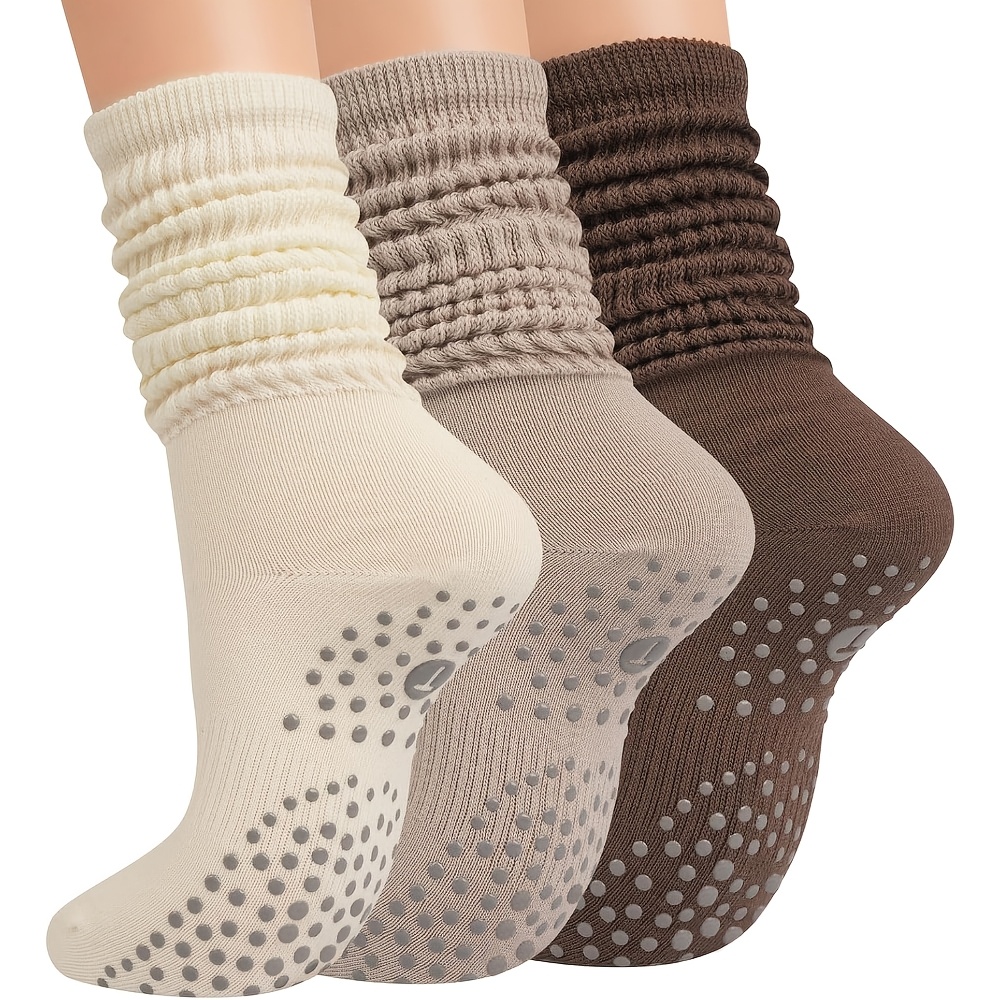 TEMU 3 Pairs Grip Pilates Socks For Women, Yoga Slouch Socks With Grip For Barre Workout Hospital Long Scrunch Slipper Socks